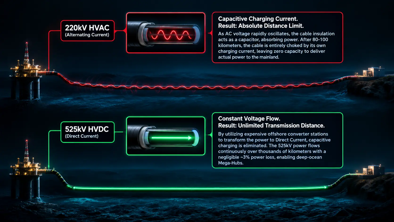 Capacitive loss comparison HVAC vs 525kV HVDC subsea cables.