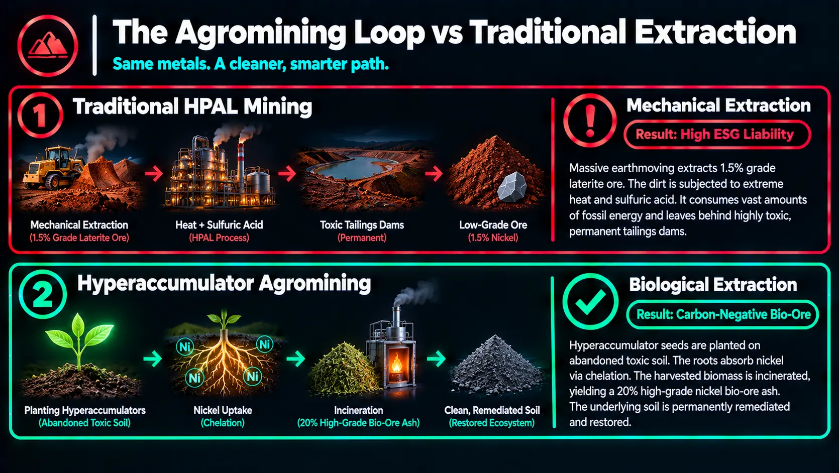Flowchart comparing traditional HPAL nickel mining to sustainable agromining bio-ore extraction.