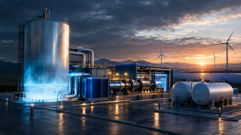 Commercial Liquid Air Energy Storage (LAES) facility utilizing cryogenic steel tanks for long-duration grid buffering.