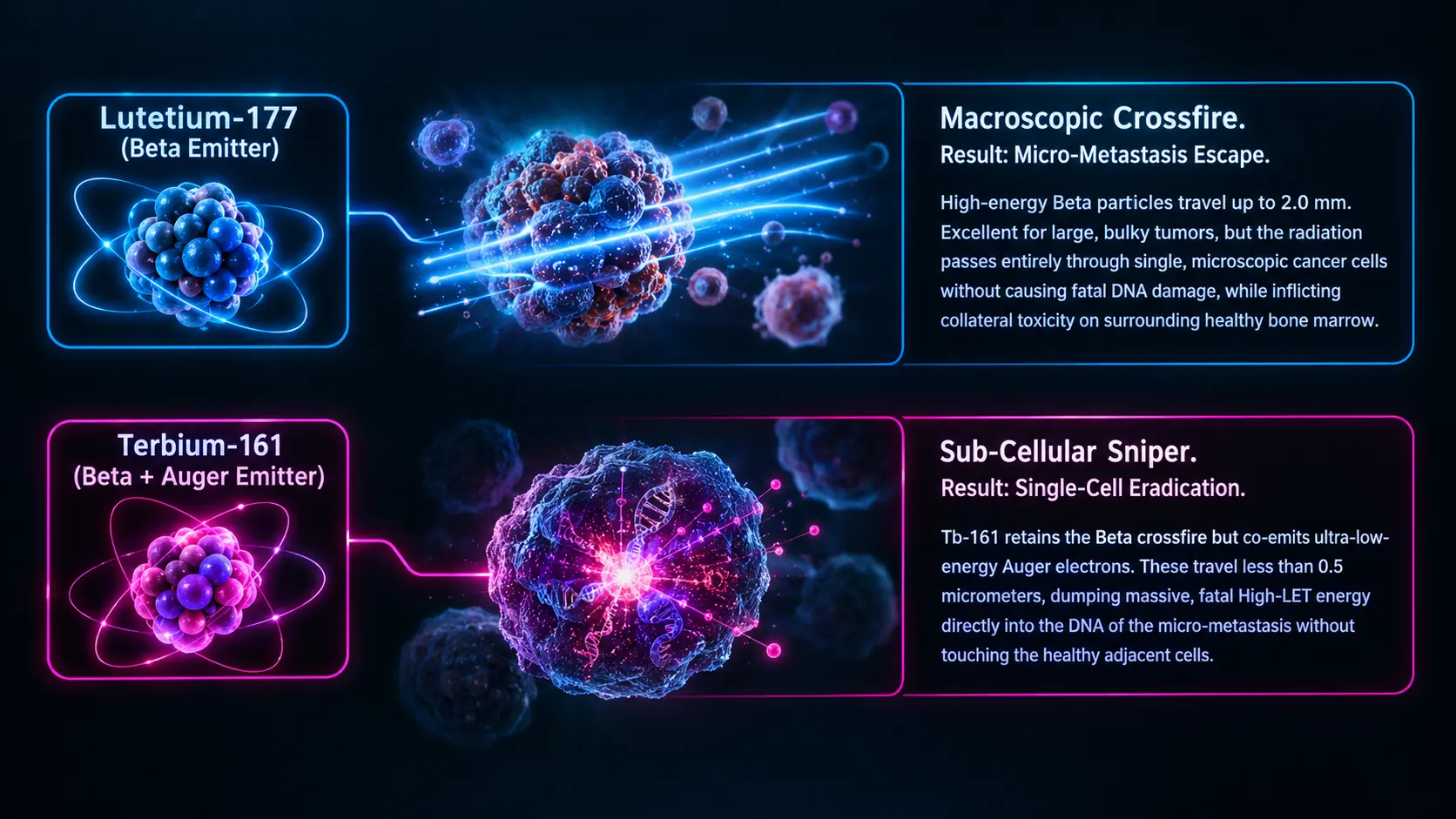 Comparison of Lutetium-177 beta particles versus Terbium-161 Auger electrons in targeted cancer therapy.
