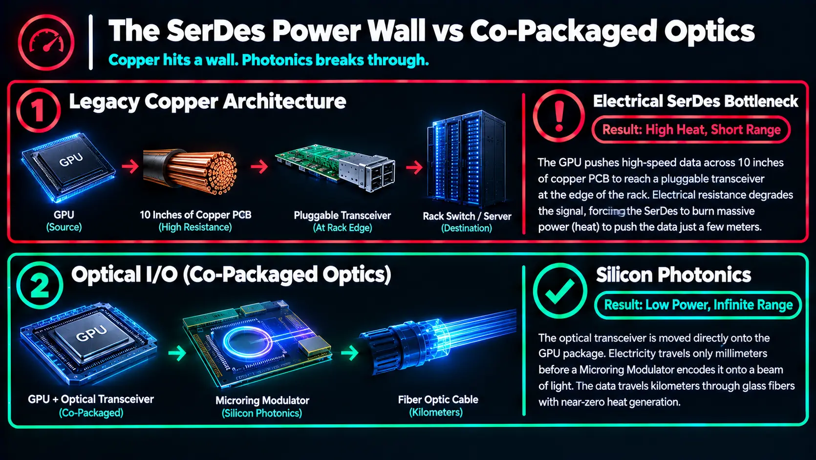 Comparison of copper SerDes versus Co-Packaged Optics (CPO) and Optical IO chiplets latency and power efficiency.