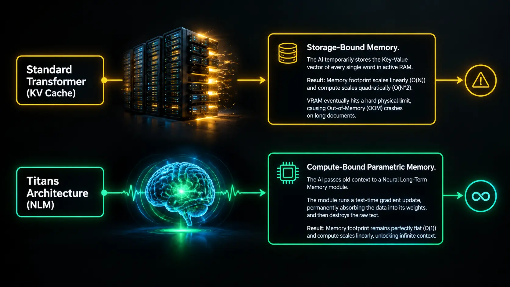 Comparison table detailing KV Cache, RAG, and Titans NLM memory mechanisms in AI models.