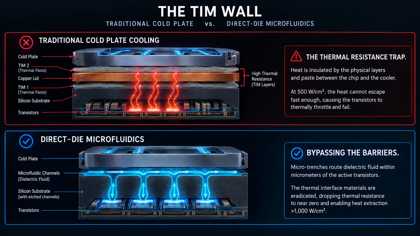 Comparison table detailing max heat flux and thermal interface barriers of forced air, cold plates, and microfluidic silicon cooling.