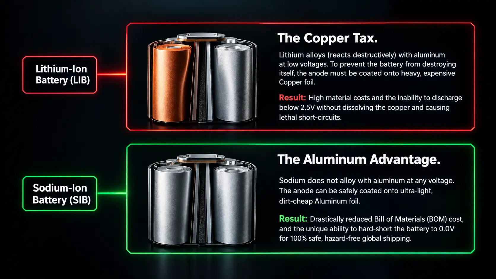 Comparison table detailing the charge carrier ion, anode material, energy density, and extreme cold performance of Lithium-Ion (LFP) versus Sodium-Ion (SIB) batteries.