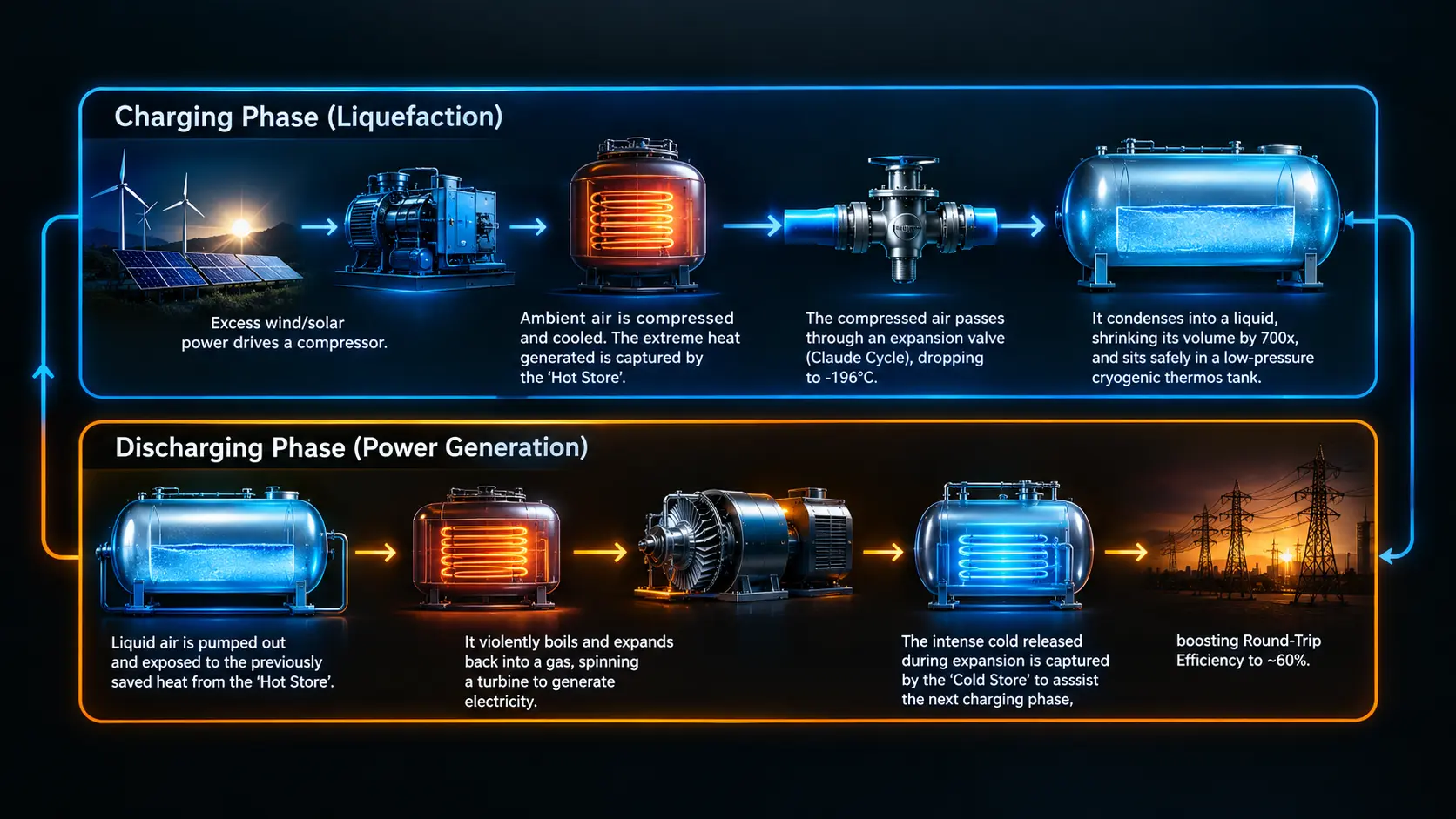 Comparison table detailing the economical duration, efficiency, and lifespan of Lithium-Ion Batteries versus Liquid Air Energy Storage.