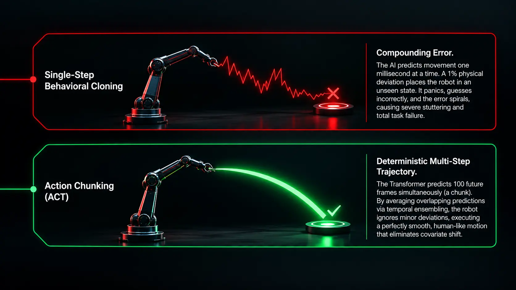 Comparison table detailing traditional behavioral cloning versus Action Chunking with Transformers in robotic imitation learning.