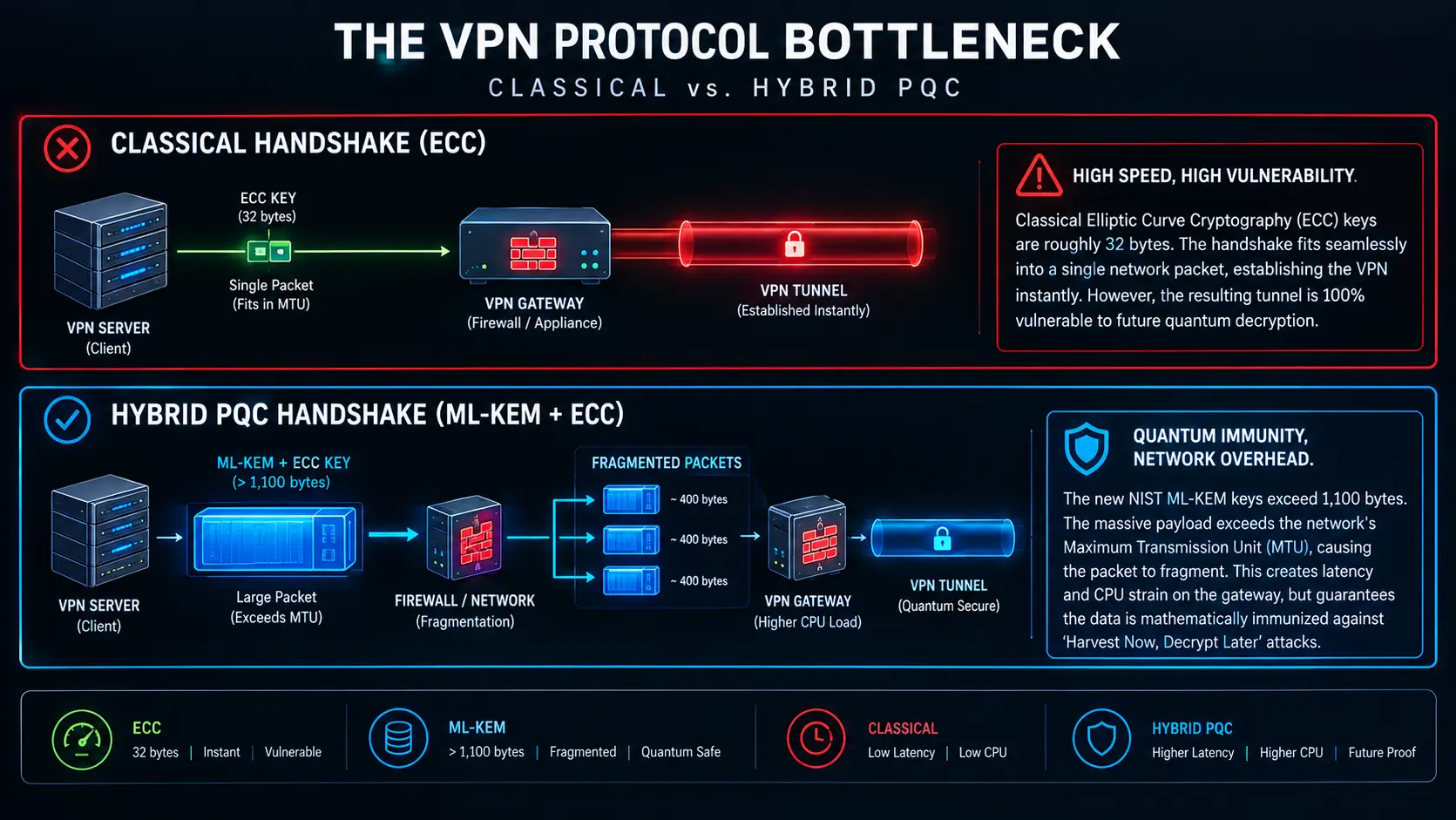 Comparison table of Classical VPNs versus Quantum-Resistant VPNs highlighting hybrid key exchanges and network overhead.