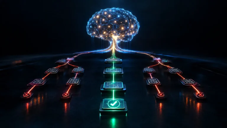 Conceptual visualization of test-time compute scaling and AI reasoning using MCTS and PRMs.