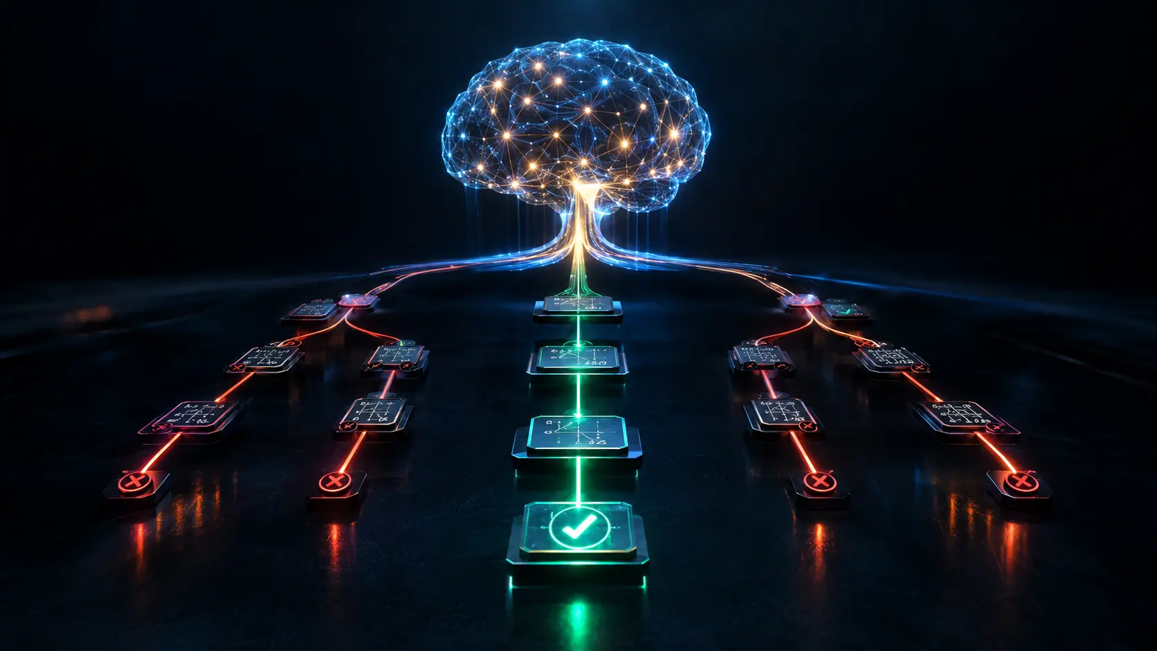 Conceptual visualization of test-time compute scaling and AI reasoning using MCTS and PRMs.