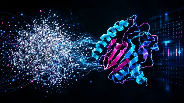 De novo protein design using generative AI to hallucinate a 3D synthetic enzyme.
