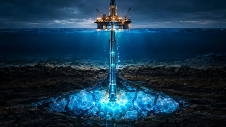 Deep-sea methane clathrate extraction operation mining flammable ice from the ocean floor.