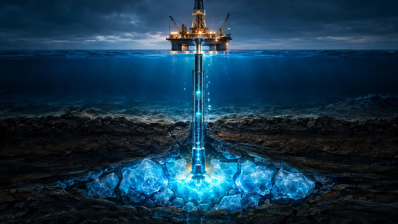 Deep-sea methane clathrate extraction operation mining flammable ice from the ocean floor.