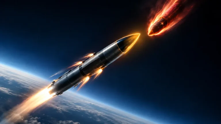 Endo-atmospheric kinetic kill vehicle using DACS thrusters to intercept a ballistic missile.