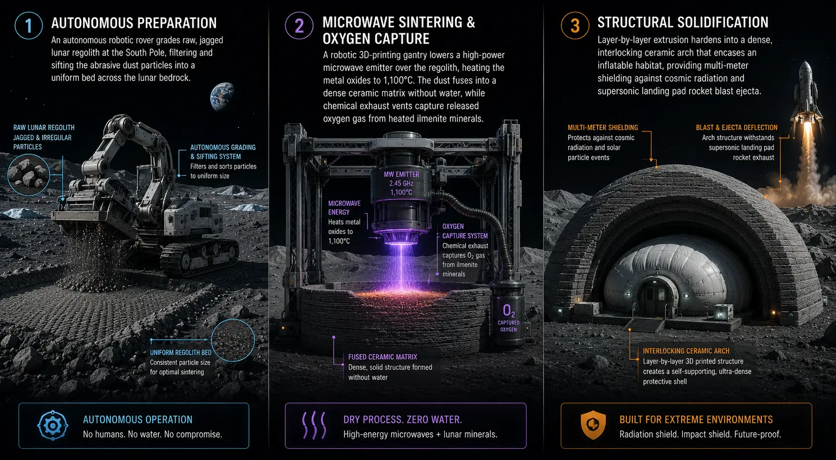 Flowchart comparing Earth-launched prefab modules to Lunar ISRU 3D printing architecture.