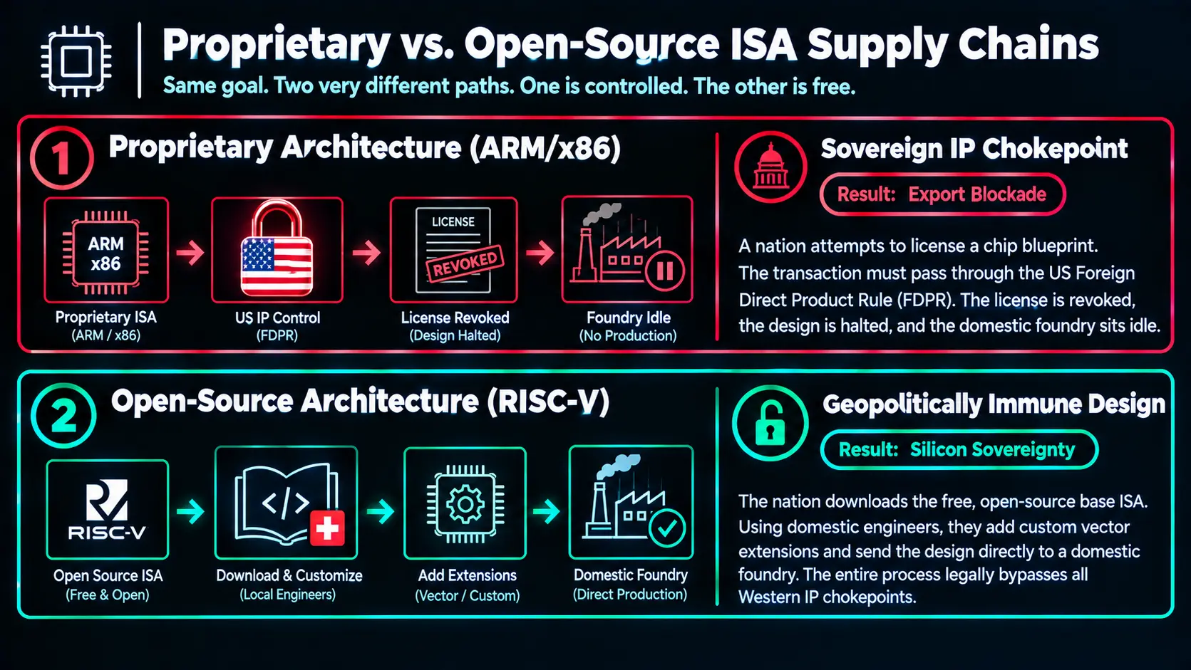 Flowchart comparing US proprietary ARM export blockades to geopolitically immune open-source RISC-V architecture.