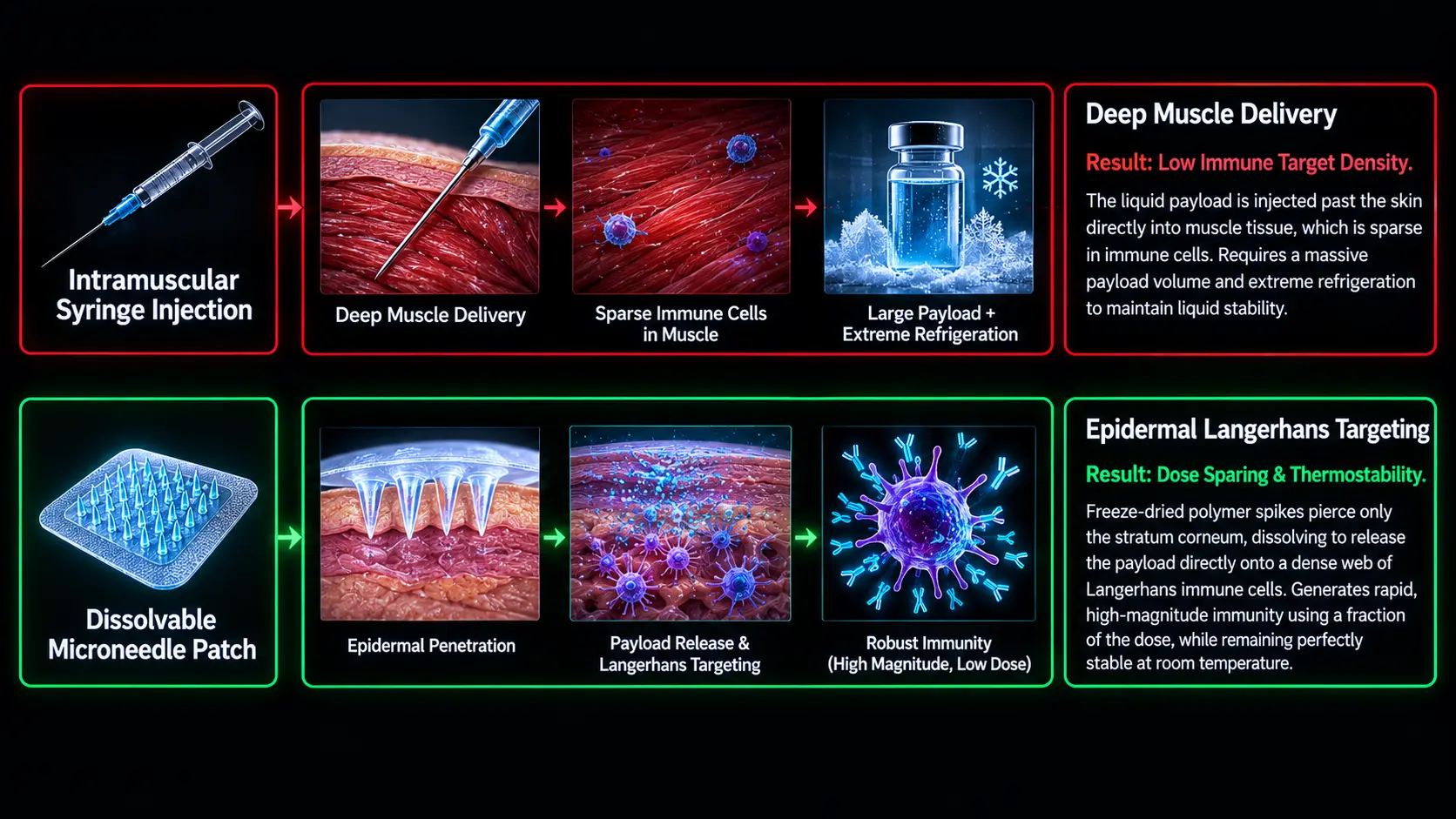 Flowchart comparing deep intramuscular syringe injection to epidermal Langerhans cell targeting via microneedle patch.