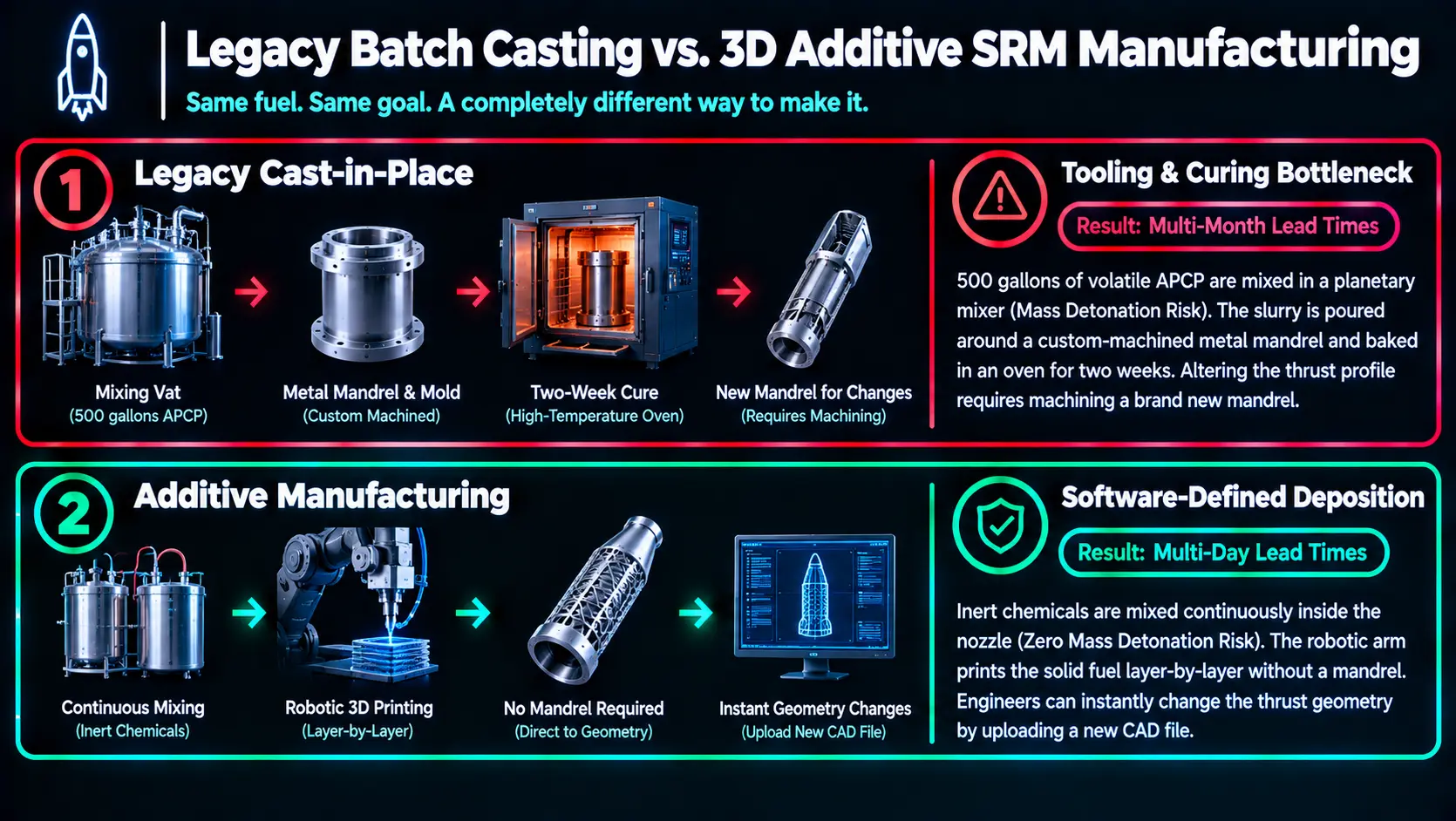 Flowchart comparing legacy batch casting to 3D additive manufacturing of solid rocket motors.