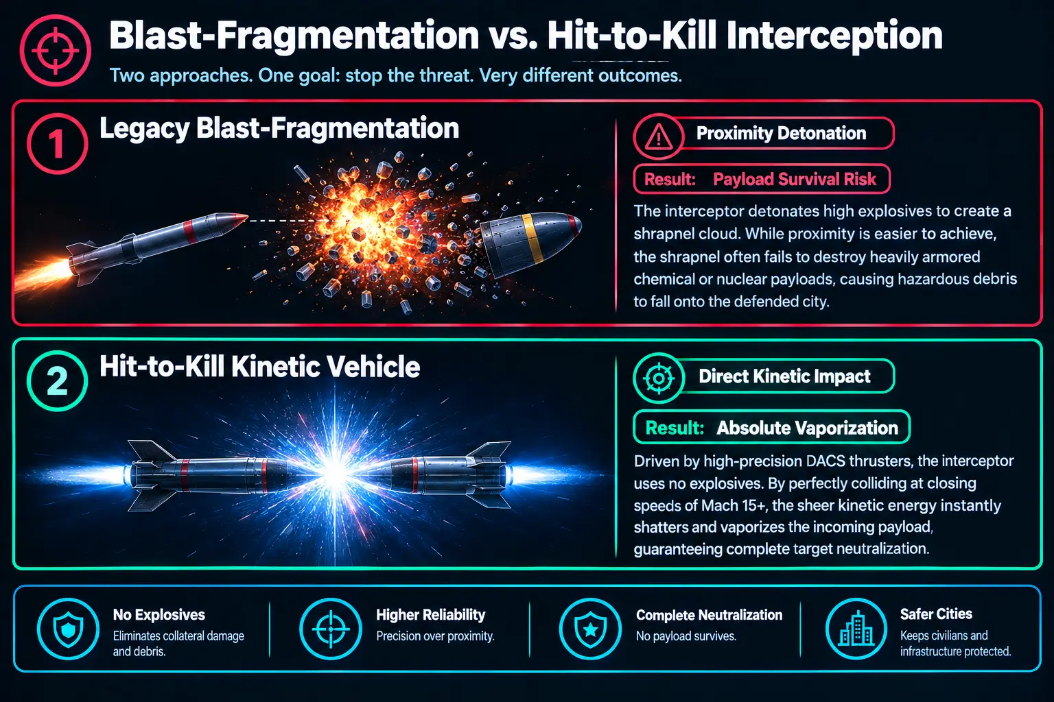 Flowchart comparing legacy blast-fragmentation warheads to modern hit-to-kill kinetic interceptors.