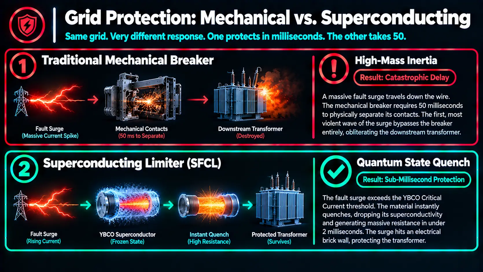 Flowchart comparing mechanical circuit breaker reaction times to Superconducting Fault Current Limiter (SFCL) quantum quenches.