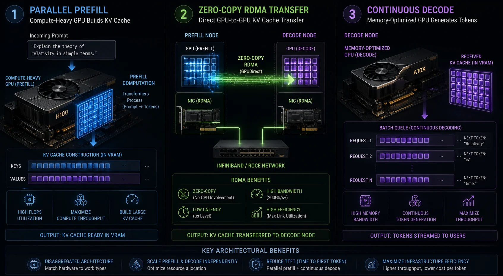 Flowchart comparing monolithic LLM inference resource contention against disaggregated RDMA zero-copy KV cache transfers.