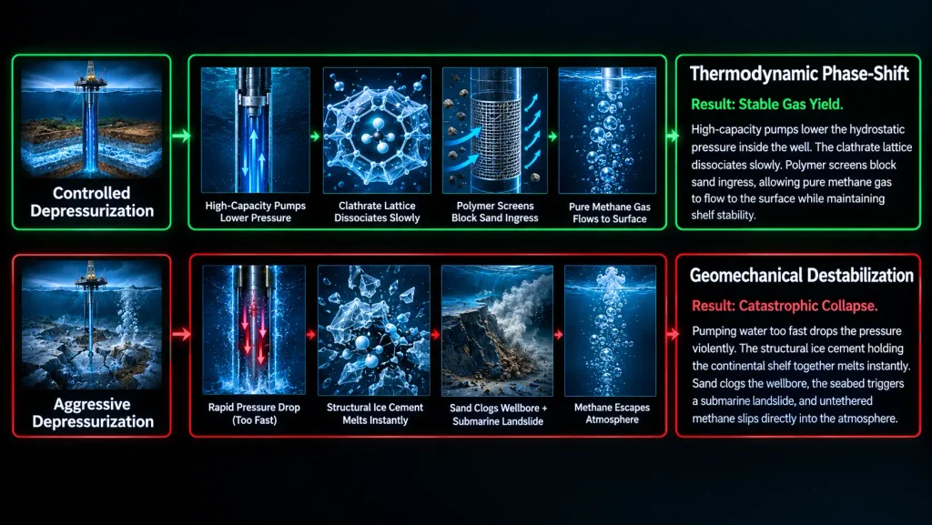 Flowchart comparing safe thermodynamic depressurization to catastrophic geomechanical destabilization in methane clathrate mining.