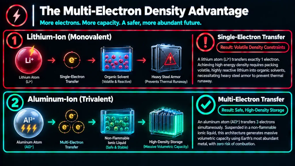 Flowchart comparing single-electron lithium-ion transfer with multi-electron trivalent aluminum-ion electrochemistry.