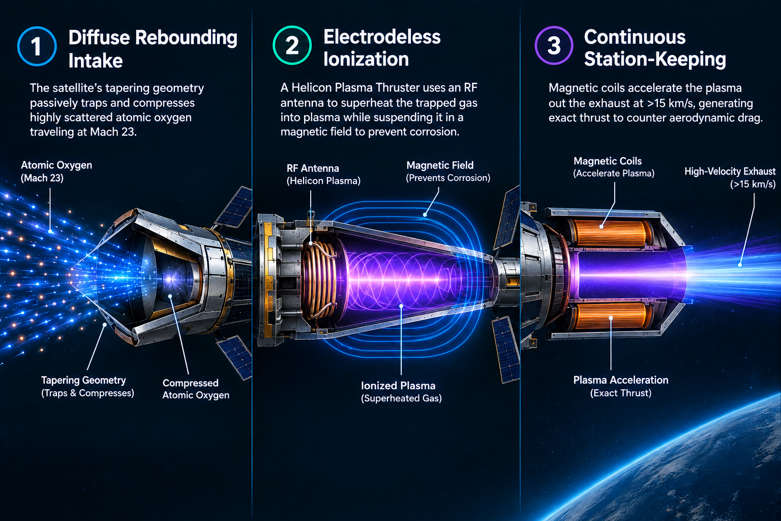 Flowchart comparing standard ion thrusters with massive propellant tanks against infinite Air-Breathing Electric Propulsion systems.