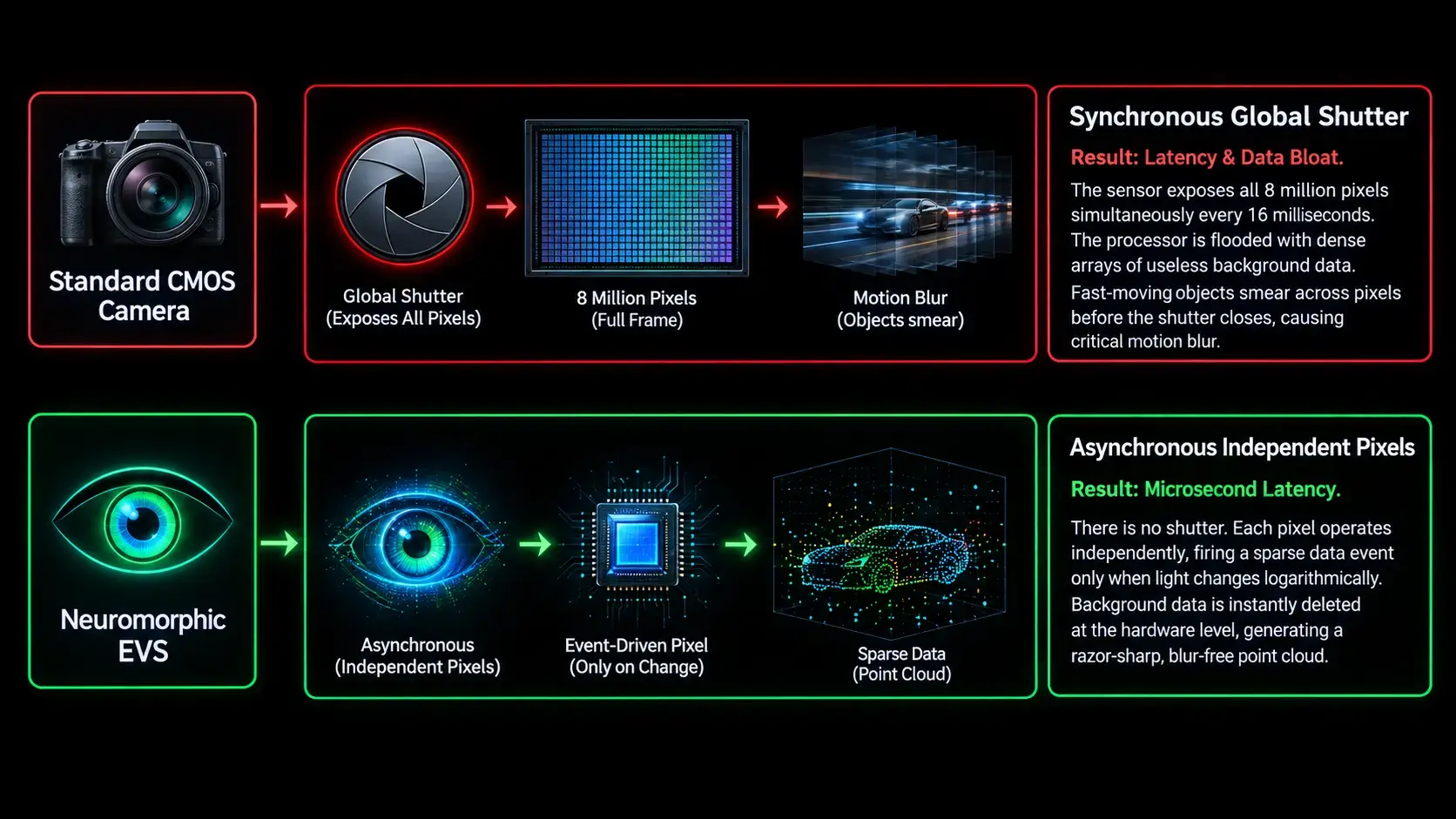 Flowchart comparing standard synchronous CMOS global shutter with asynchronous independent neuromorphic pixels.