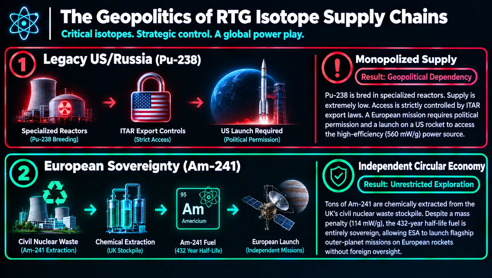 Flowchart comparing the legacy US Plutonium-238 RTG monopoly to Europe's sovereign Americium-241 supply chain.
