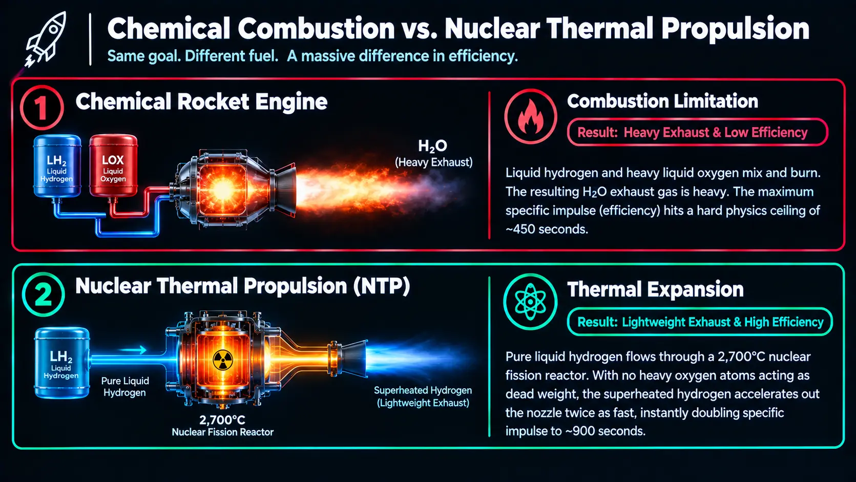 Flowchart comparing the low specific impulse of chemical rockets to the high efficiency of Nuclear Thermal Propulsion (NTP).