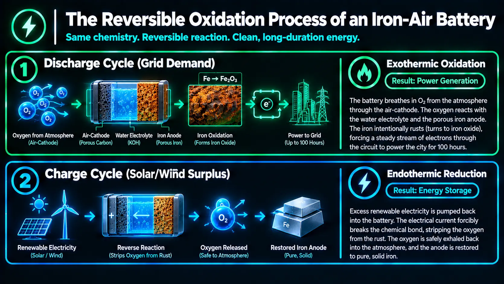 Flowchart comparing the reversible oxidation discharge and charge cycles of iron-air multi-day batteries.