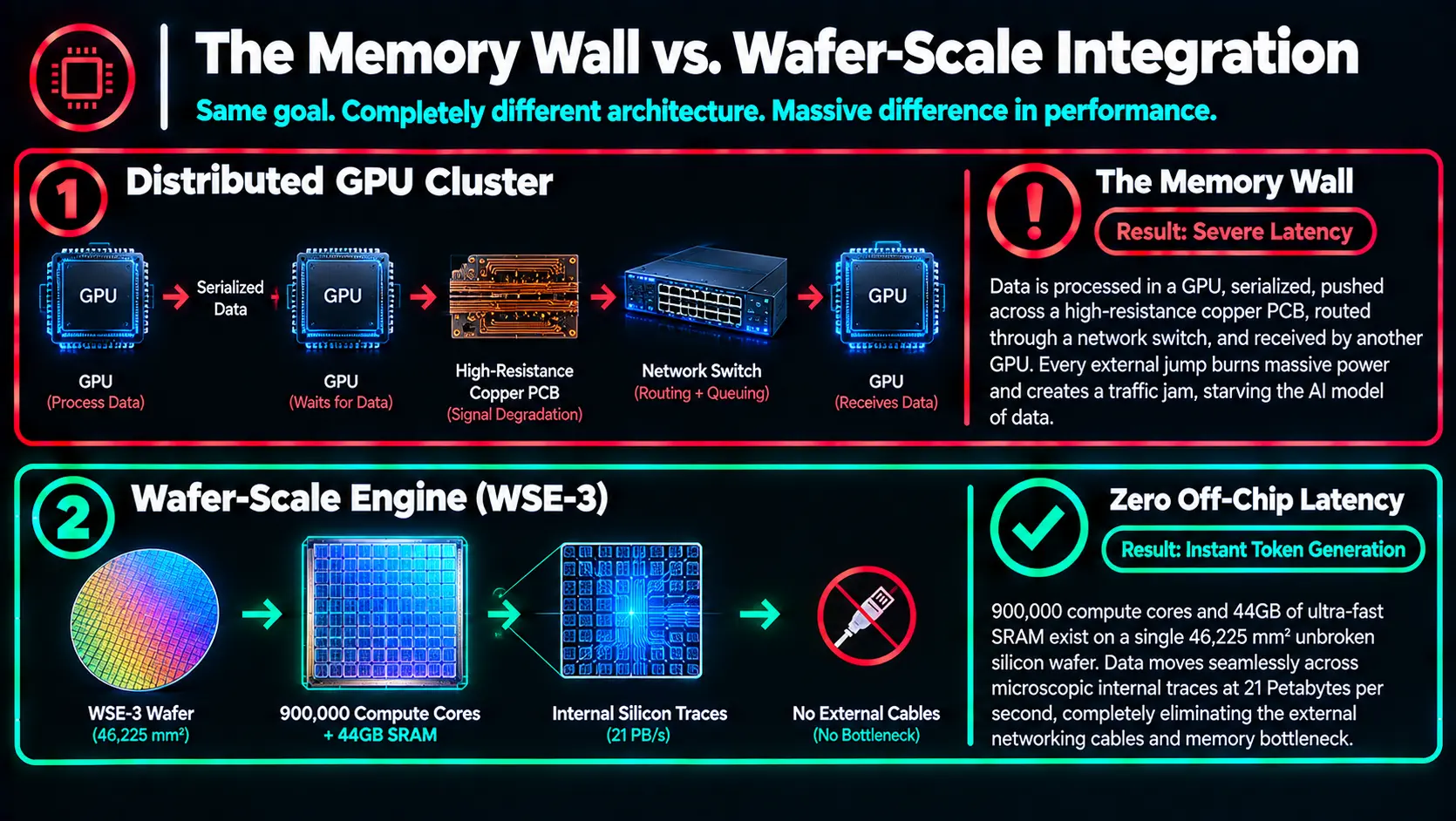 Flowchart comparing traditional GPU interconnect latency with Wafer-Scale Integration SRAM bandwidth.
