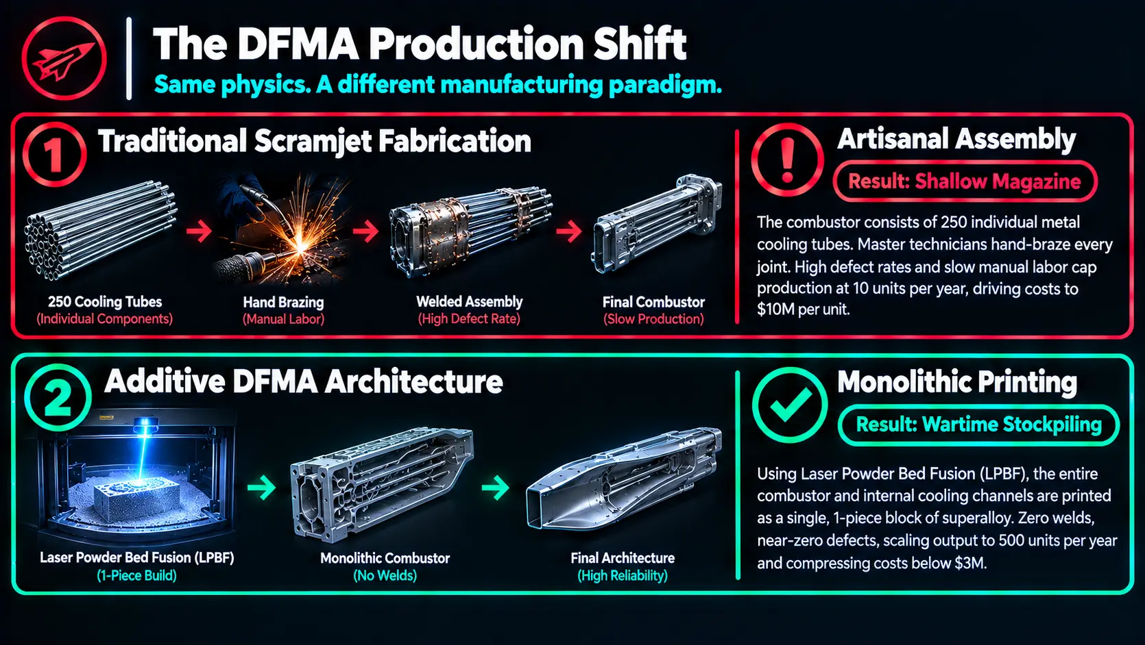Flowchart comparing traditional hand-brazed scramjets to monolithic 3D printed Scramjet DFMA architectures.
