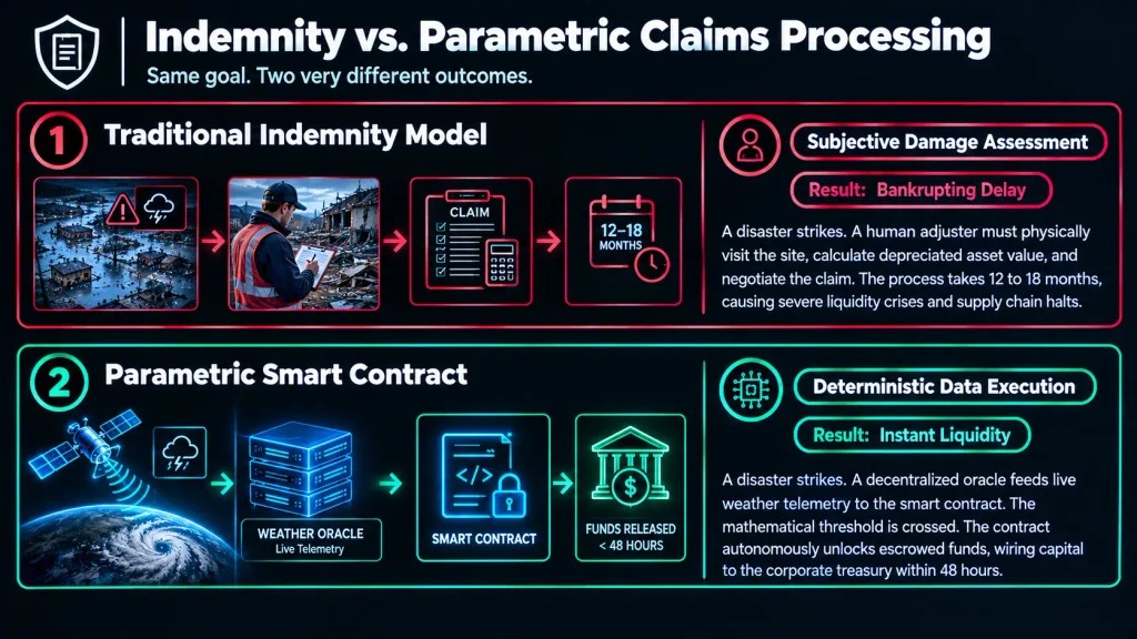 Flowchart comparing traditional indemnity insurance delays to instant parametric smart contract liquidity.