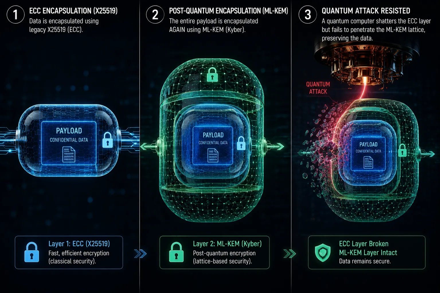 Flowchart comparing the vulnerability of classical RSA encryption to Shor's algorithm versus the security of ML-KEM lattice-based Post-Quantum Cryptography.