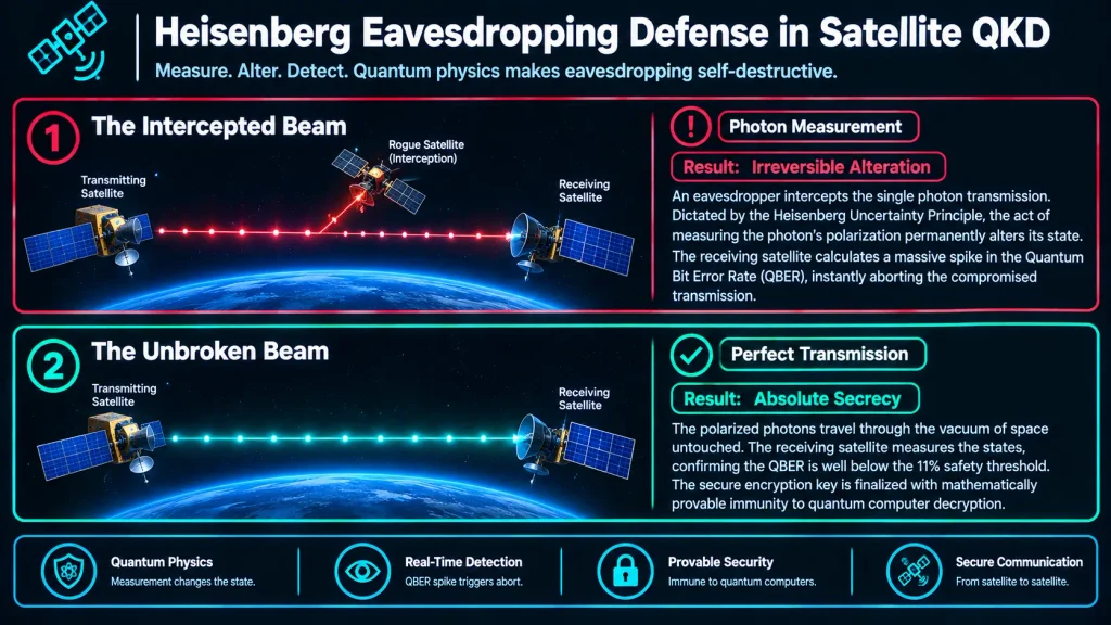Flowchart demonstrating the Heisenberg Eavesdropping Defense and Quantum Bit Error Rate in Satellite QKD.