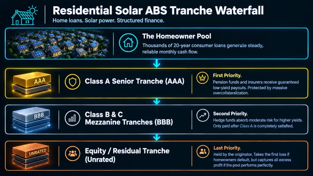 Flowchart of the Residential Solar ABS Tranche Waterfall showing Senior, Mezzanine, and Equity levels.