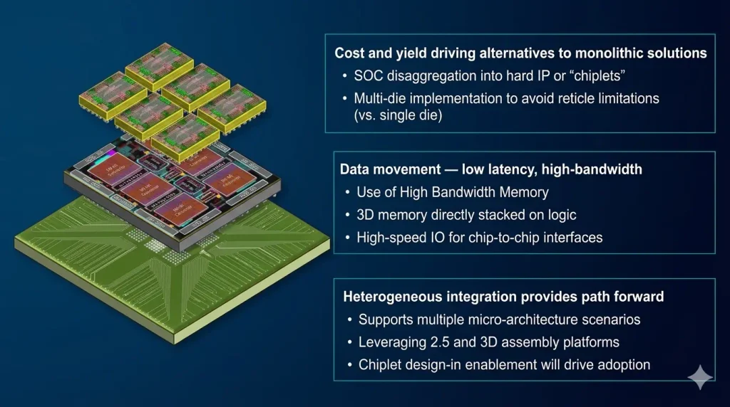 Heterogeneous integration allows designers to mix-and-match optimal silicon nodes for specific functions, completely bypassing the maximum reticle limits of monolithic printing..