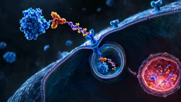 Lysosome-Targeting Chimeras (LYTACs) dragging an extracellular protein into a cell's lysosome for degradation.
