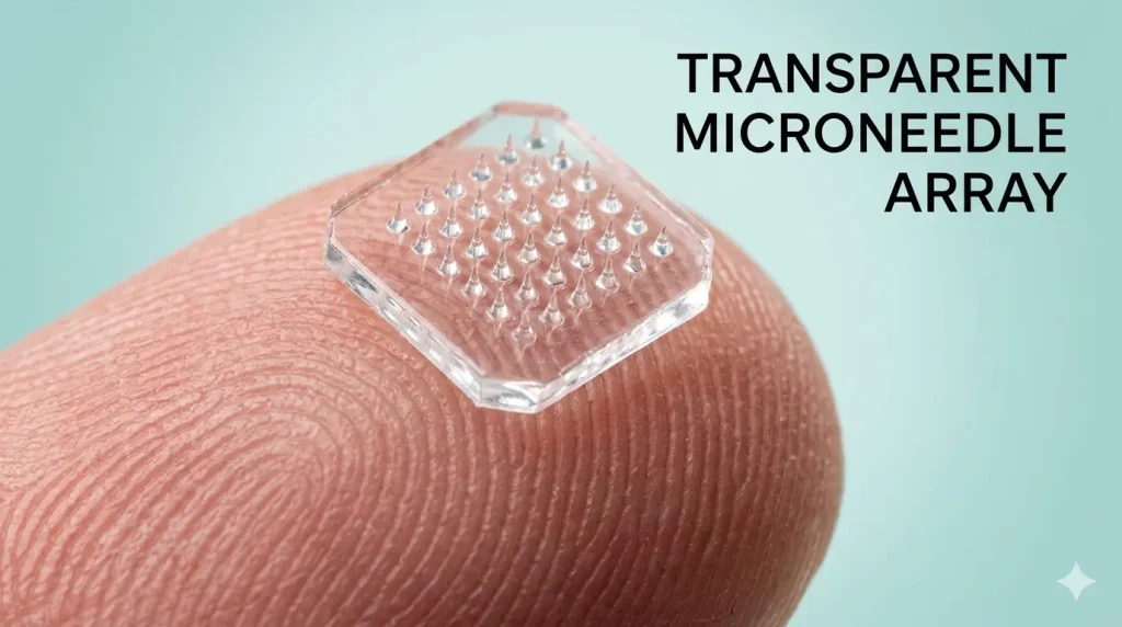 Micro-Molding A dissolving microneedle patch rests on a fingertip. The spikes are sharp enough to pierce the stratum corneum but too short to trigger pain receptors..