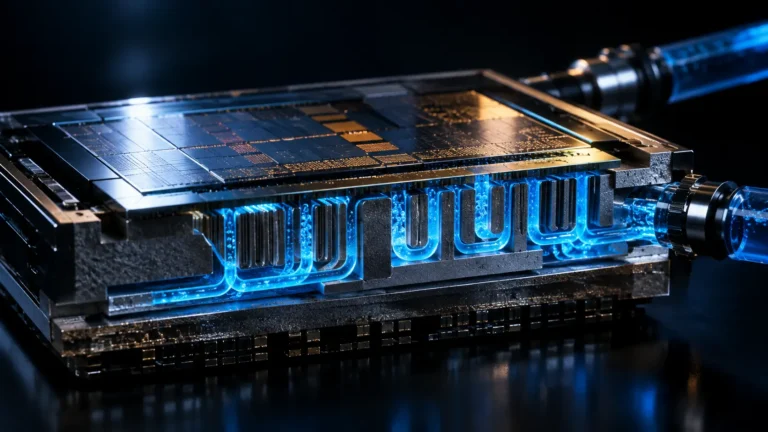 Microscopic cross-section of sub-micron microfluidic silicon cooling channels pumping dielectric fluid inside an AI chip.