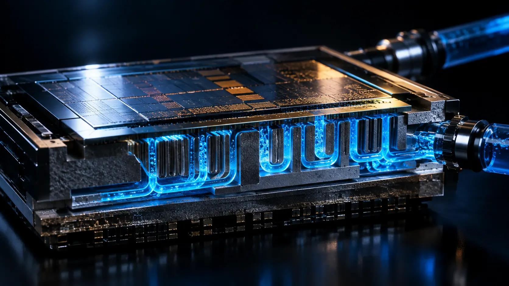 Microscopic cross-section of sub-micron microfluidic silicon cooling channels pumping dielectric fluid inside an AI chip.