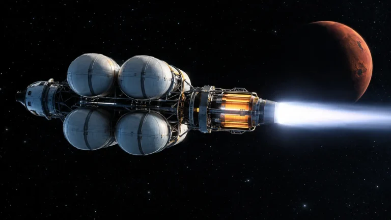 Nuclear Thermal Propulsion (NTP) spacecraft firing a superheated liquid hydrogen exhaust in deep space.