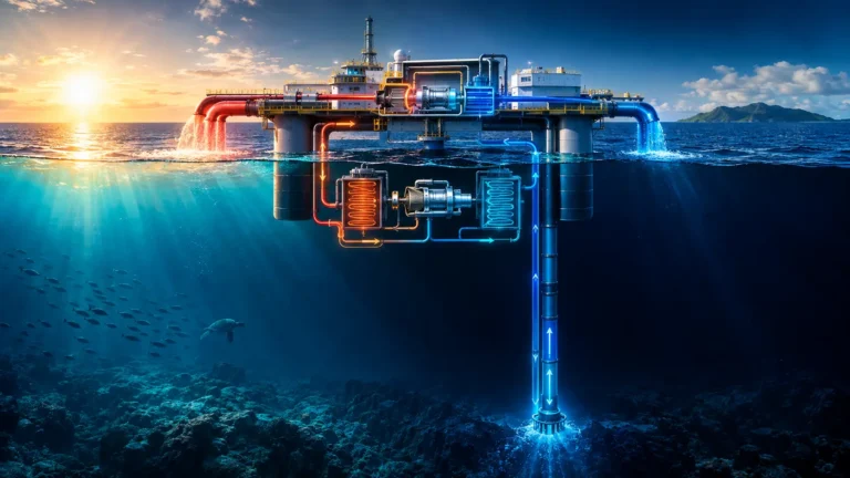 Offshore Ocean Thermal Energy Conversion OTEC platform generating continuous baseload power from deep ocean currents.