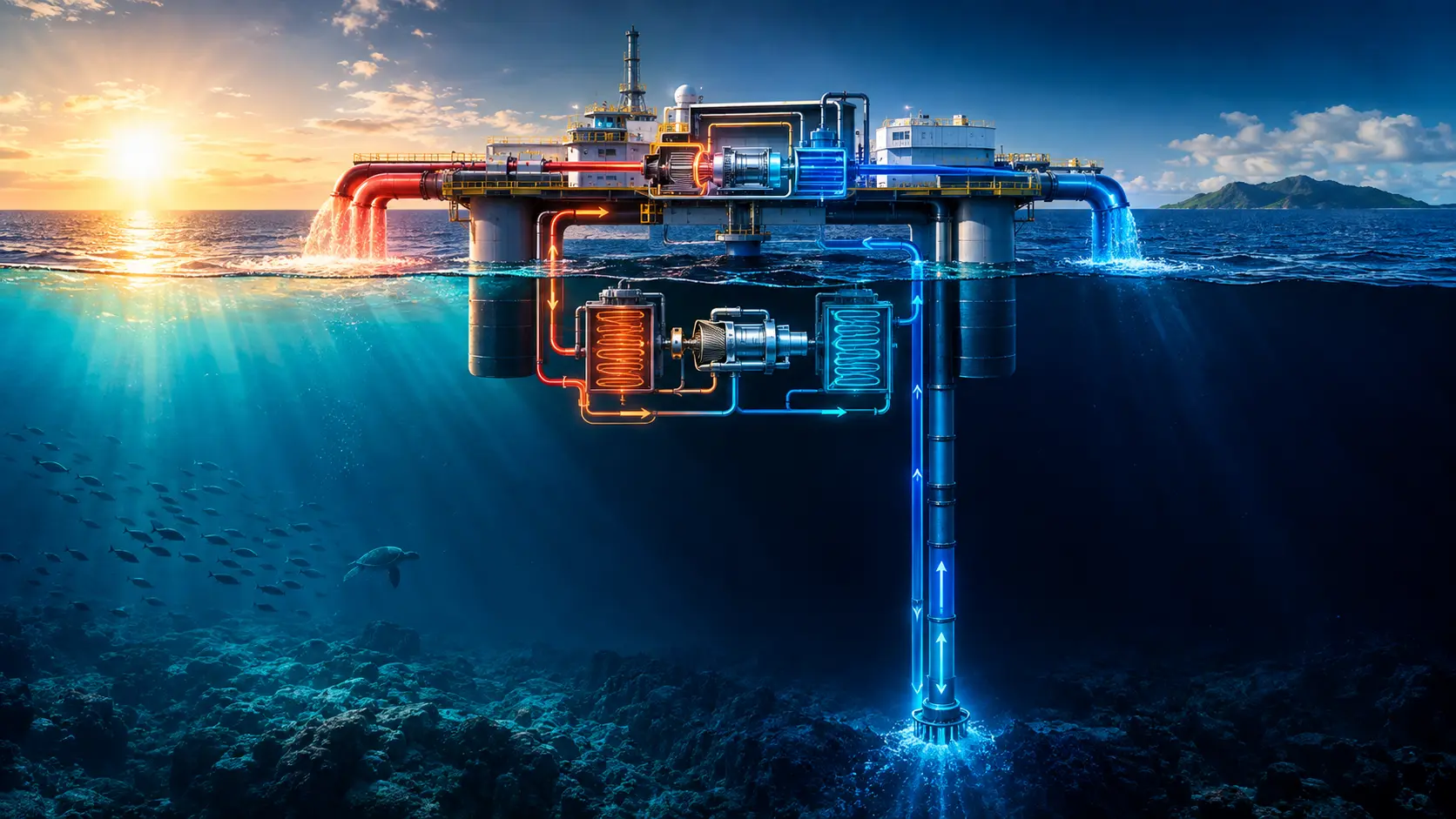 Offshore Ocean Thermal Energy Conversion OTEC platform generating continuous baseload power from deep ocean currents.
