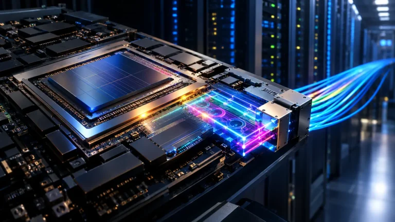 Optical IO chiplets replacing copper SerDes with silicon photonics on an AI GPU package.