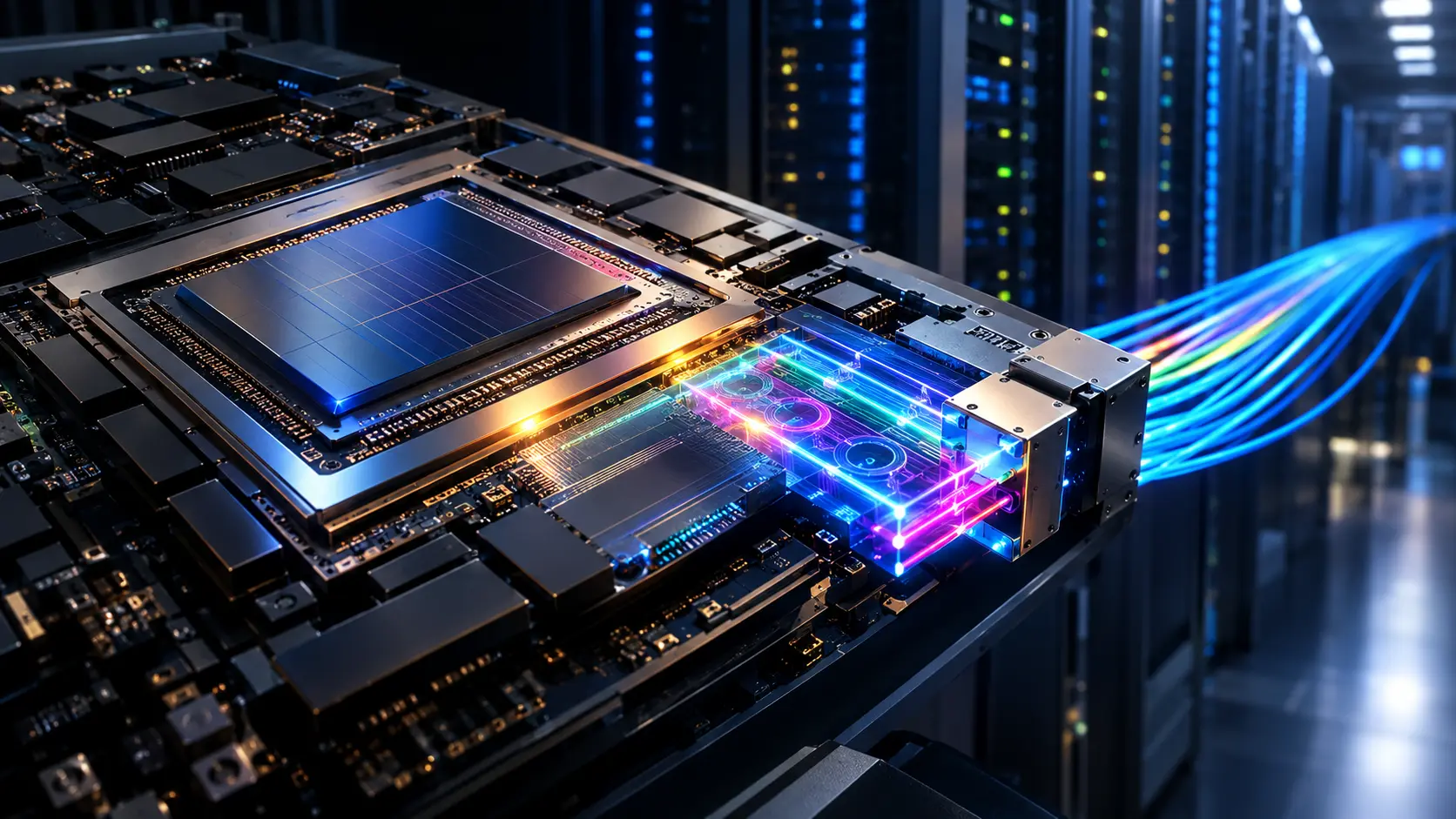 Optical IO chiplets replacing copper SerDes with silicon photonics on an AI GPU package.