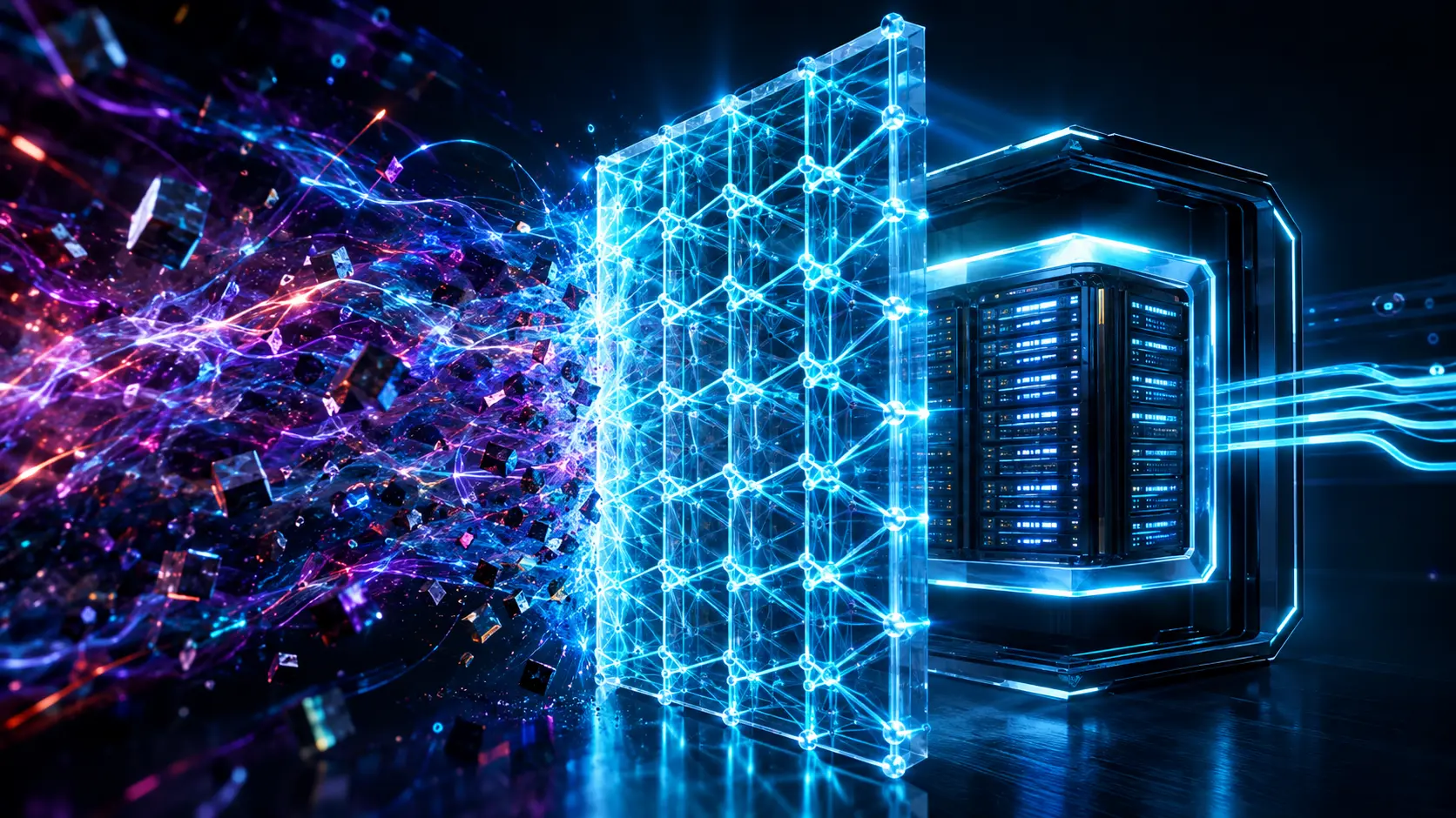 Post-Quantum Cryptography (PQC) multi-dimensional lattice grid securing data against quantum interference.