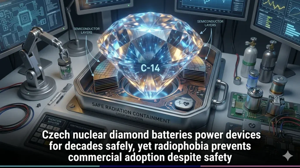 Safe Containment: The radioactive C-14 core is perfectly sealed within an outer layer of pure, non-radioactive C-12 diamond, acting as an impenetrable radiation shield..