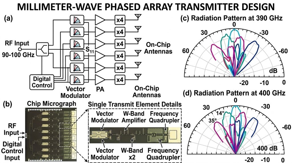 Sub-THz Phased Array Architecture: To overcome massive atmospheric path loss at 100+ GHz, engineers utilize phased array layouts (shown right) to mathematically steer and focus the radio waves into a high-power pencil beam..